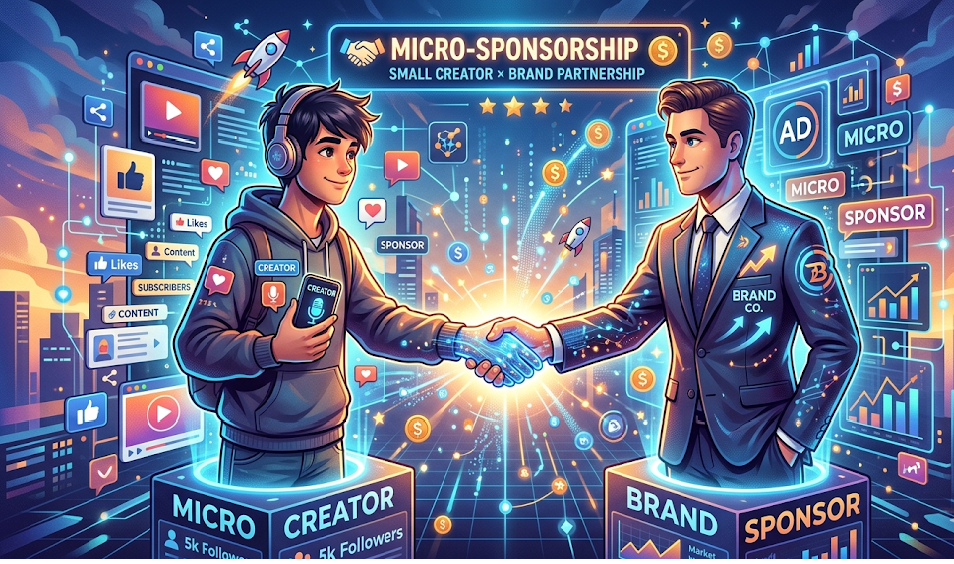 A small creator shaking hands with a brand digitally, symbolizing micro-sponsorships.